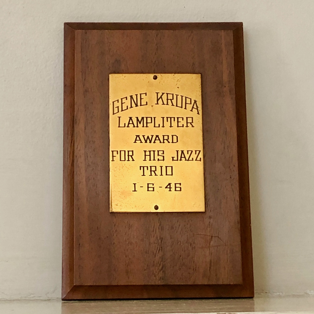 Gene Krupa's 1946 Lampliter Plaque